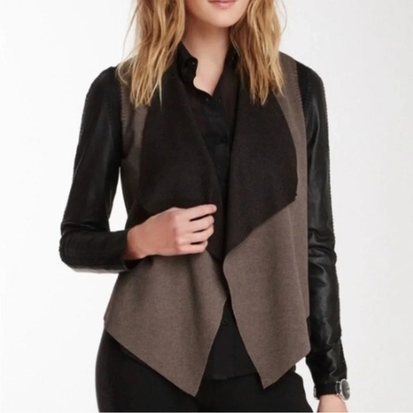 STELLA & JAMIE Rio Draped Leather Sleeve Jacket in Taupe/Black Size Medium - Picture 2 of 9